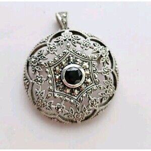Sterling Silver Black Stone Marcasite Large Pendant Or Brooch Art Deco Victorian